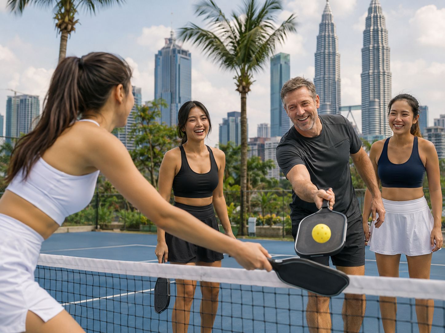 Hombres y mujeres disfrutando de un evento social de pickleball en Malasia