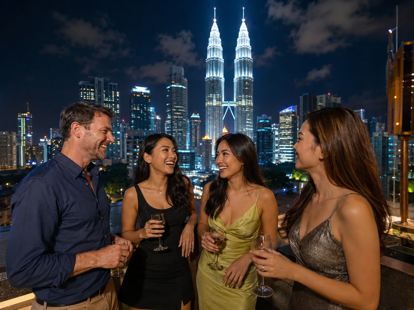 Participantes del viaje para solteros a Malasia disfrutando de una actividad nocturna en Kuala Lumpur