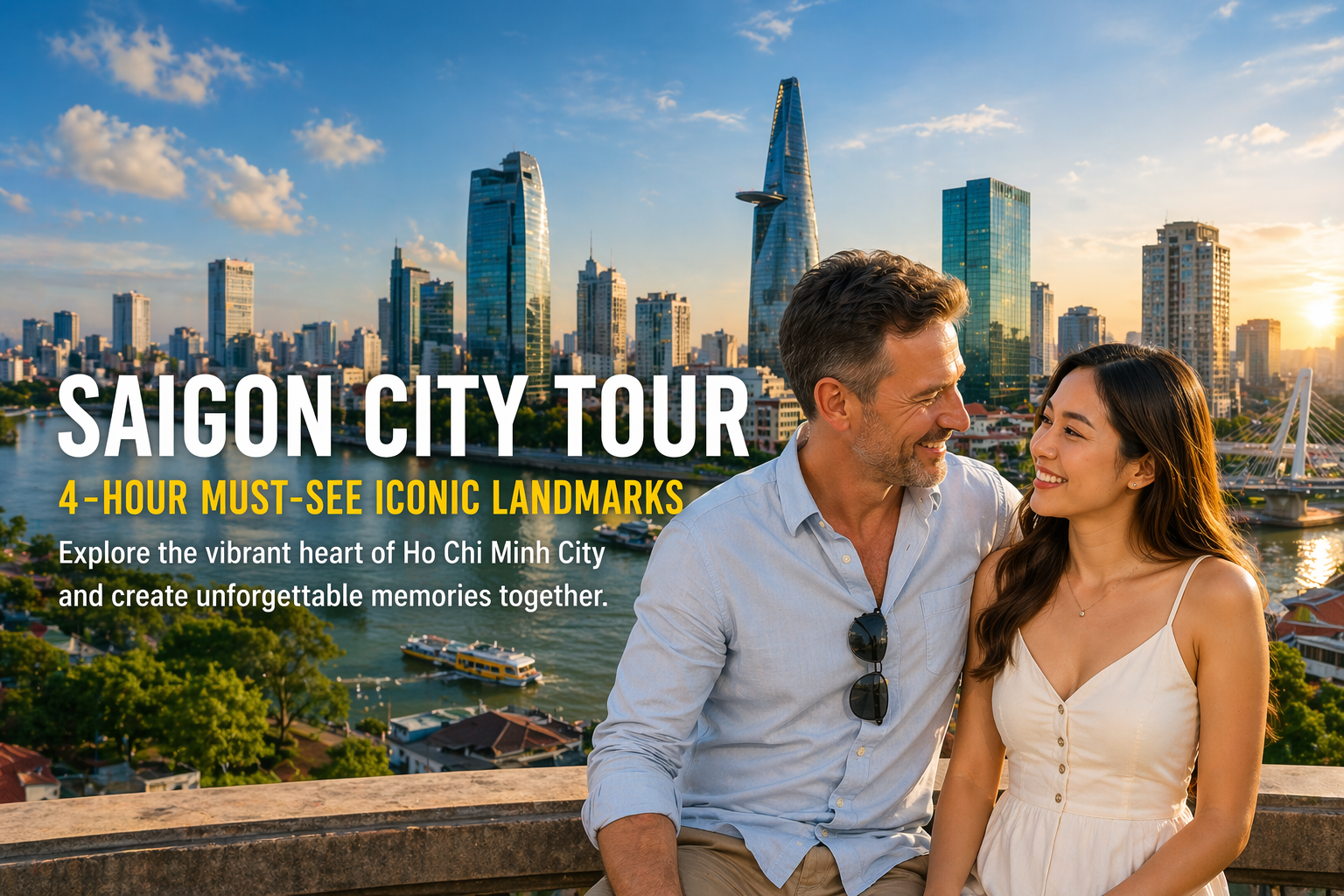 Recorrido por Saig&oacute;n con el horizonte de Ciudad Ho Chi Minh y una pareja disfrutando del turismo en Vietnam